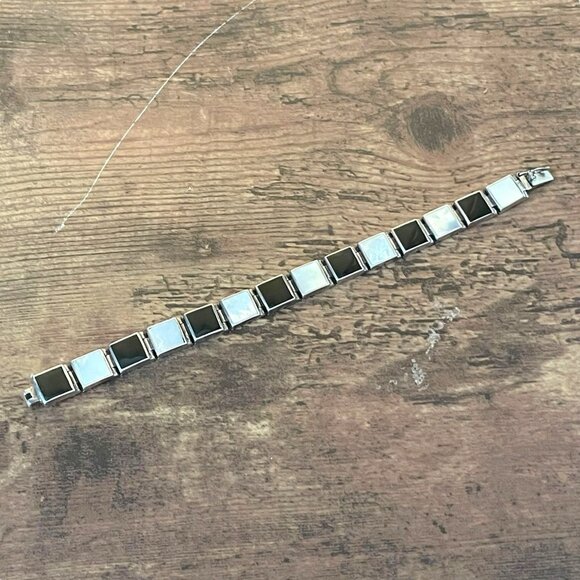 Vintage Sterling Silver Black Onyx Mother of Pearl Link Panel Bracelet 925 7" - Picture 8 of 10